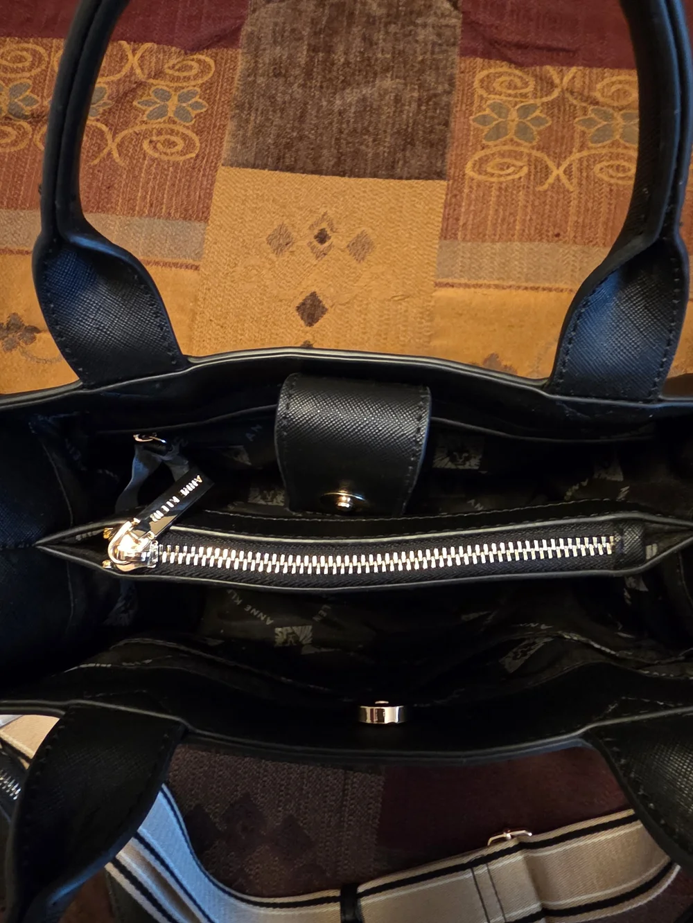 Anne Klein Large Tote- Black Structured Satchel with Striped Strap